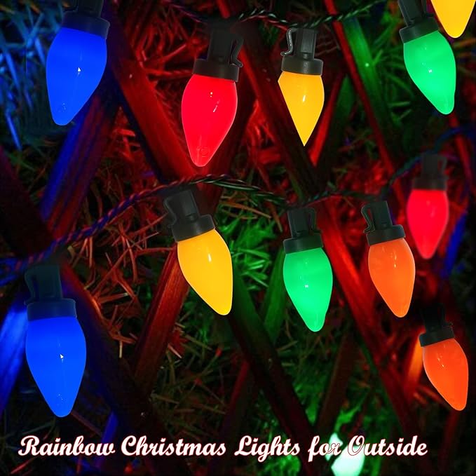 Christmas Lights Outdoor 25.5Ft, C7 LED Christmas Light with 50 Shatterproof Multicolor Bulb Lights, Plug in Vintage Xmas Light for Tree Patio Camping Garden Wedding Xmas Decor