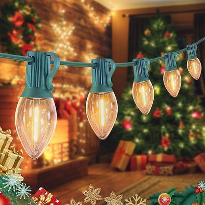C7 Christmas Lights Outdoor 10ft - Warm White & Clear LED String Lights with 10 Vintage Bulbs, Waterproof Green Wire for Roofline, Patio, Xmas Tree, Halloween, Holiday Decor