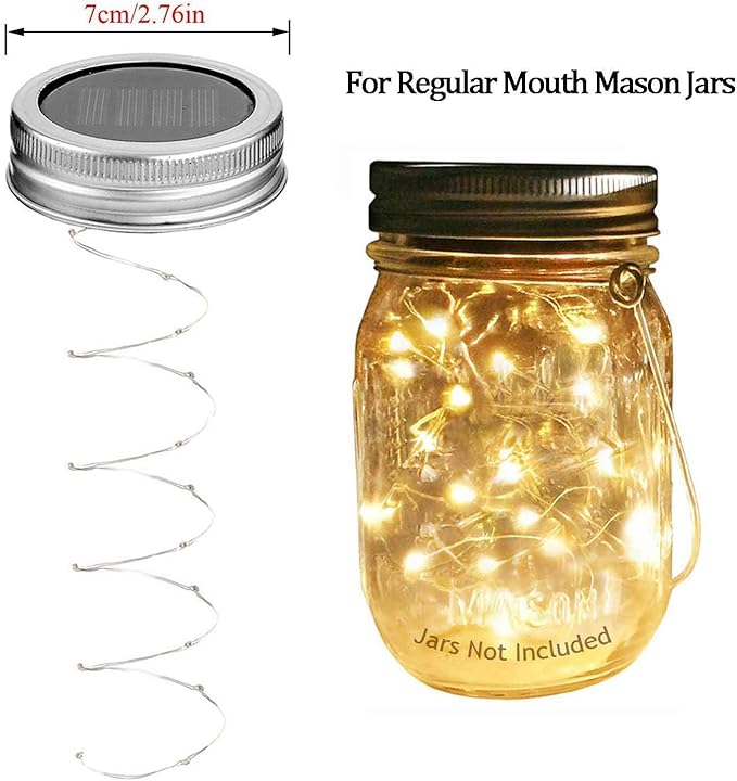 Solar Mason Jar Lid Lights, 8 Pack 20 LED Waterproof Fairy Star Firefly String Lights with (8 Hangers Included,Jars Not Included), for Mason Jar Table Garden Wedding Party Decor (Warm White)