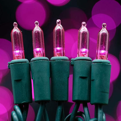 200 Count Pink LED Christmas Lights, 66 ft Green Wire UL Certified Commercial Grade Holiday String Light Set (Pink)
