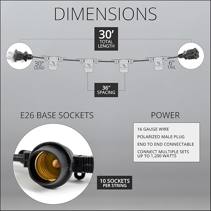 Wintergreen Lighting 30-ft 10 Socket E26 Commercial Patio Light Stringer, Heavy Duty - Outdoor Security Flood Light | Lumora