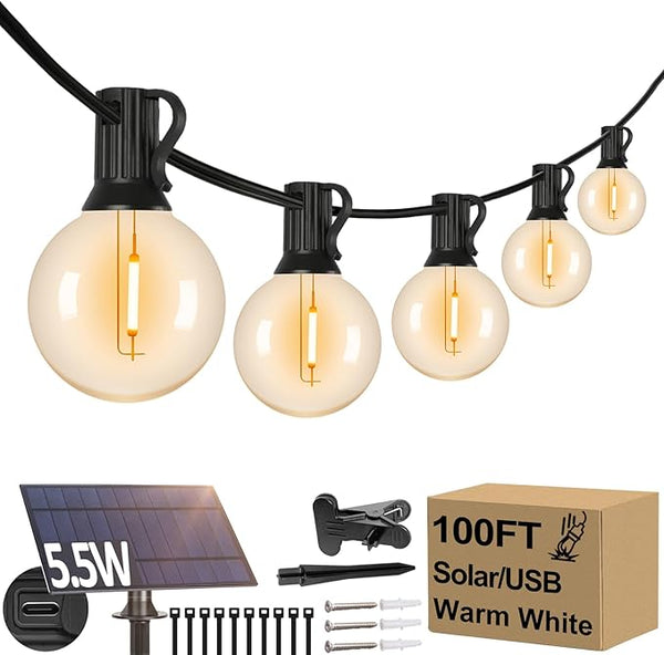 100FT G40 Solar String Lights, Globe Outdoor String Lights with 52 E12 Waterproof LED Bulbs, 2700K Shatterproof | Lumora