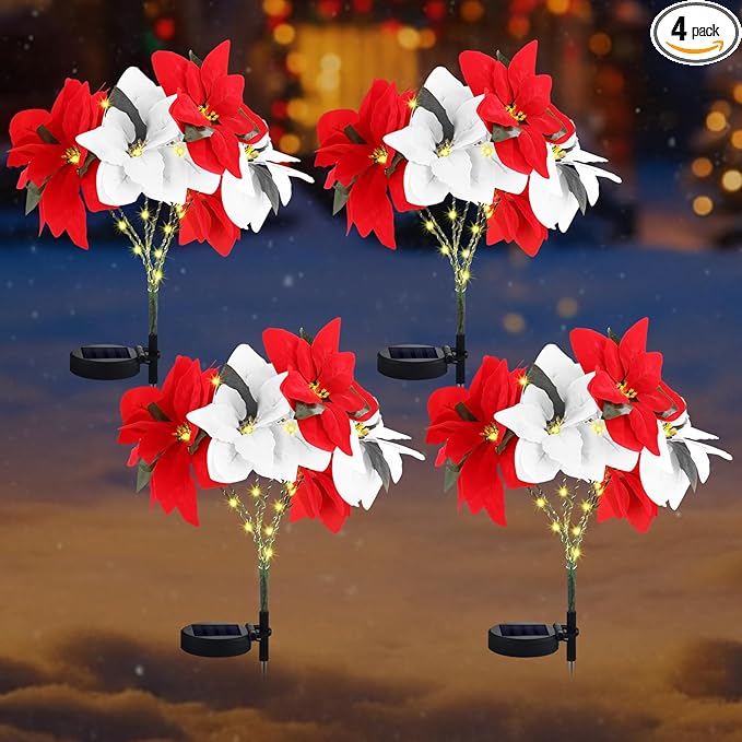 VIHOSE 4 Pcs Christmas Solar Poinsettia Lights Outdoor Artificial Flowers Landscape Waterproof Solar Poinsettia Lights for Yard Lawn Patio Garden Pathway Xmas Party Supplies (7 Flowers,Red,White)