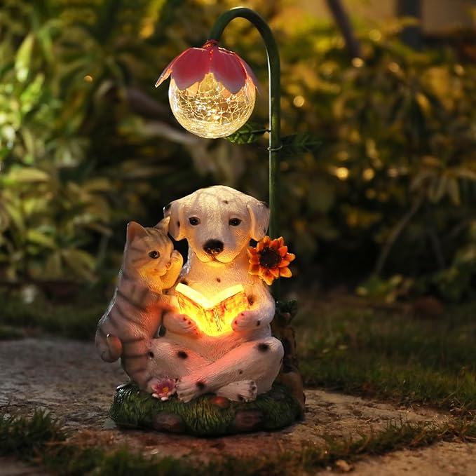 Afirst Solar Garden Statues, Dog Statues Outdoor Resin Figurine with Solar Lights Statue Decorations for Lawn, Patio, Balcony, Yard Ornament Mother's Day Gifts, Dalmatian and Cat, Dog&Cat