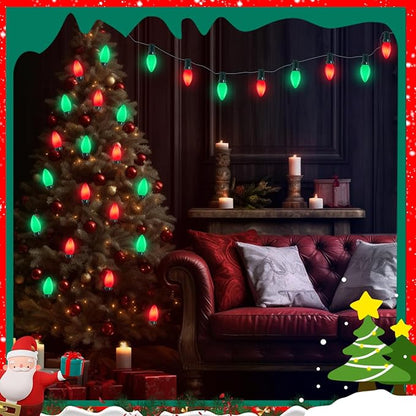 C7 Incandescent Christmas Lights, 25FT C7 White Red and Green Christmas Lights with 27 5W Incandescent Light Bulbs for Xmas Tree Fence Holiday Party House Night Decoration