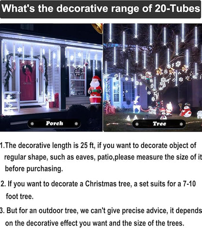 Meteor Shower Lights Outdoor Christmas Lights UL Certified Falling Rain Drop Snowfall Icicle Cascading String Light for Xmas Holiday Tree Wedding Party Garden Decor White, 20 Inch 20 Tubes