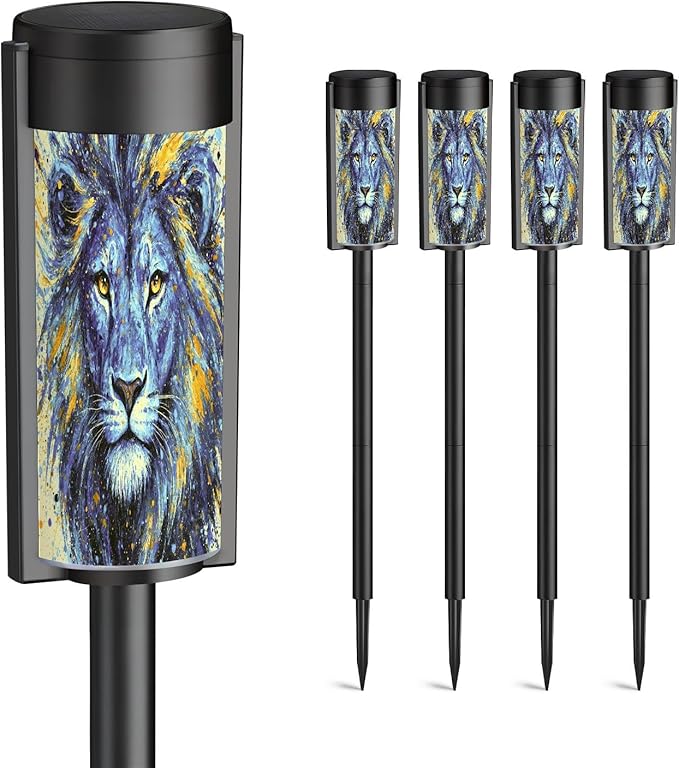 4 Pack Solar Pathway Lights Outdoor Waterproof Lion Animal Blue Majestic Mane Splatter Effects Golden Accents Intense Solar Garden Lights LED Landscape Lighting for Yard Walkway Lawn Garden Decor