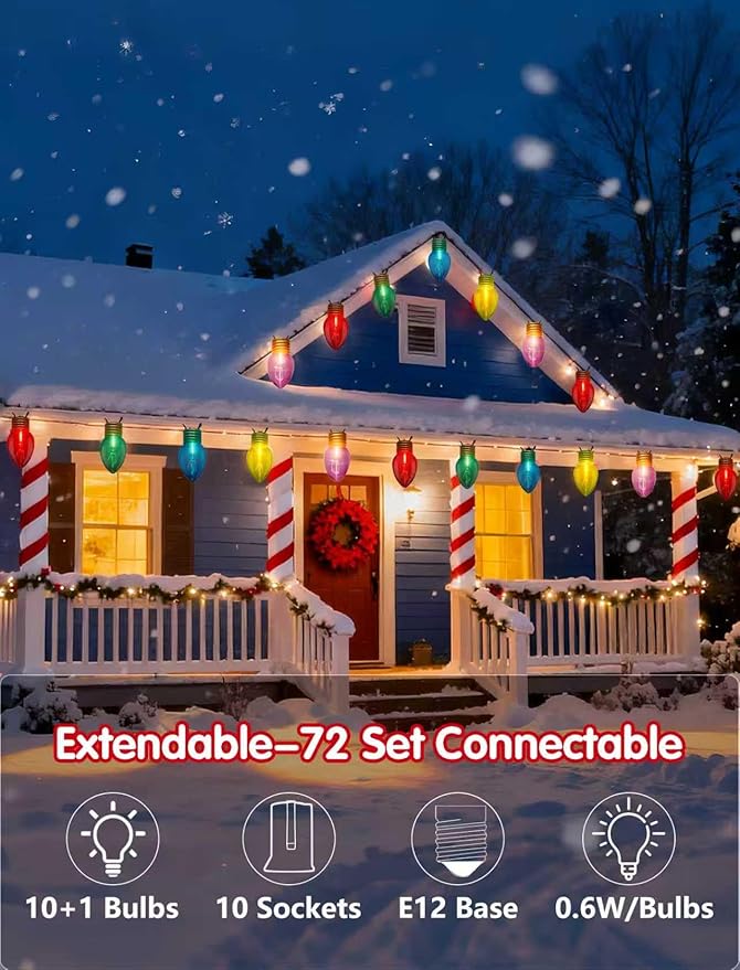 Jumbo Outdoor Christmas Lights,16FT C9 Jumbo Xmas String Lights Decorations Waterproof Hanging Lights with 10 Large Clear Multicolor Bulb for Outdoor Porch Patio Eave Xmas Roof Decoration