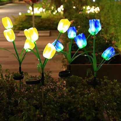 Garden 4 Pack LED Solar Flower Lights with More Realistic Tulips Flowers Solar Garden Lights Outdoor Waterproof for Yard Patio Lawn Pathway Walkway Decoration Yellow & Blue Combo