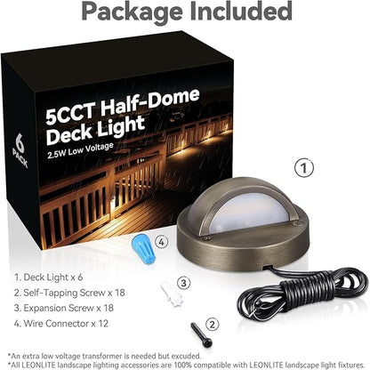 LEONLITE Update 5CCT LED Low Voltage Deck Lights, 180LM 3.74inch Landscape Step Railing Fence Light, 12-24V AC/DC, CRI90, Die-cast Aluminum Housing & Frosted Glass Lens, UL Cord, Bronze, Pack of 6