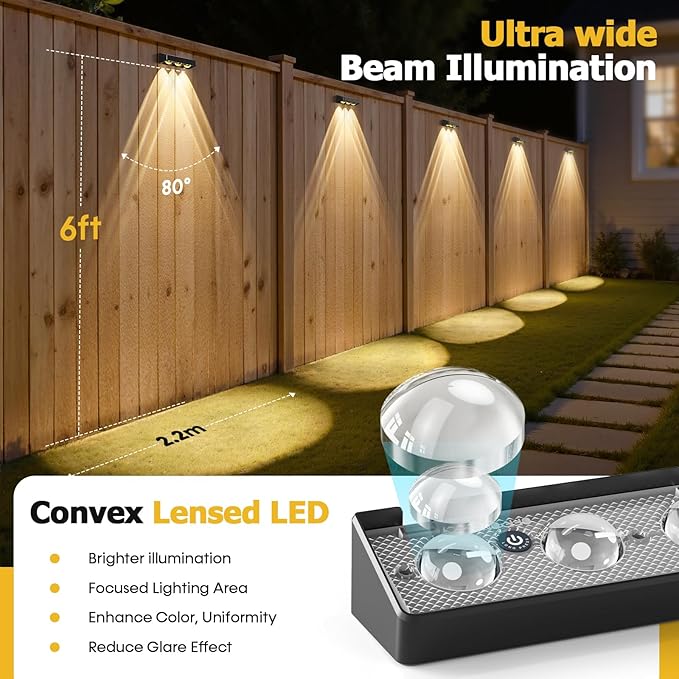 NIORSUN Solar Fence Lights,16 Pack Solars Deck Light,RGB Color,Outdoor Bulb Waterproof Led IP65,Outdoor Fence Light,Power Patio Lamp with Lenses for Outside/Backyard/Railing/Yard(Black)