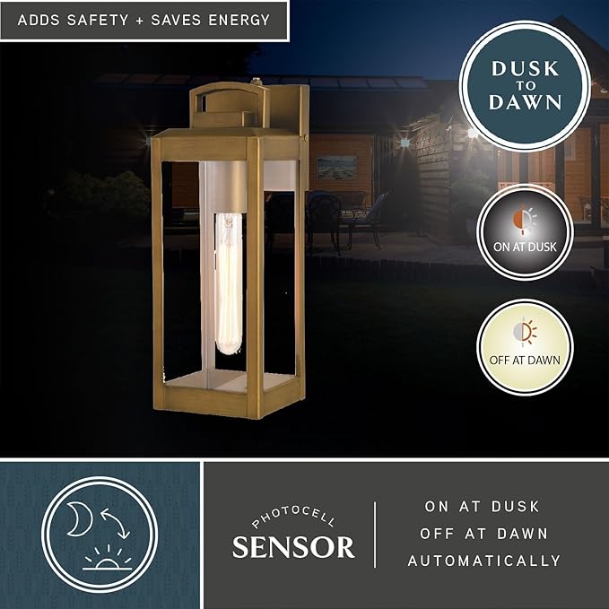 VAXCEL Kinzie Outdoor Porch Light, 5" W x 14.25" H Gold Brass Outdoor Lantern, Modern Dusk to Dawn Wall Light for | Lumora