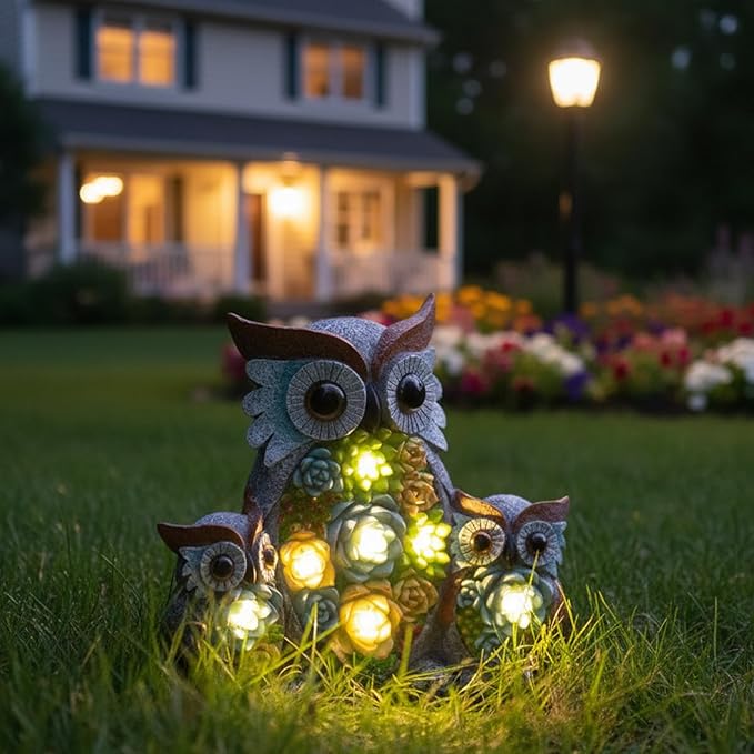 Solar Garden Statue Owl Decor – Cute Owl Family Figurines with LED Succulent Lights, Waterproof Outdoor Yard Art | Lumora