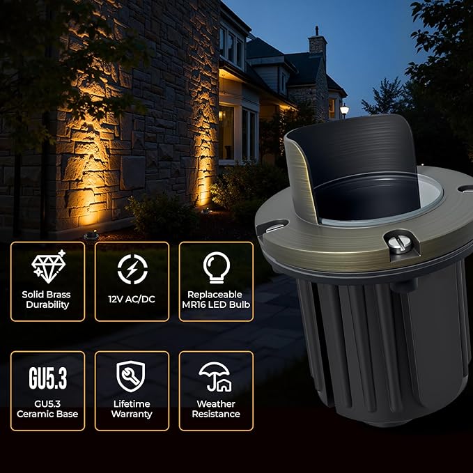 Gardencoin Brass Well Lights Outdoor 12V LED Low Voltage Landscape In Ground Light Waterproof Up Lighting Fixture, Bronze Accent Lighting Fixture Without MR16 Bulb, 4 Pack