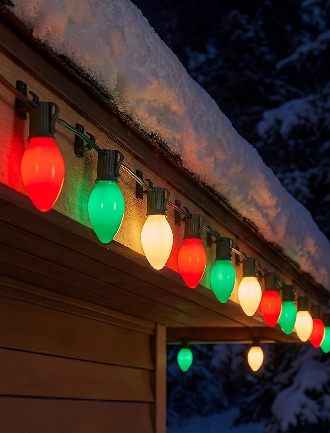 C9 Red Green White Christmas Lights, 25FT Multicolor Christmas Decorations String Lights with 26 Ceramics Bulbs | Lumora