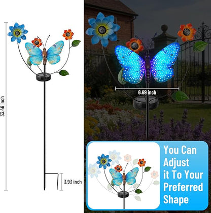 Solar Butterfly Garden Lights, 2 Lighting Modes, Colorful LED with Flower & Butterfly Decor, Waterproof Solar Stake Lights for Garden Yard Patio Lawn Pathway (Blue)