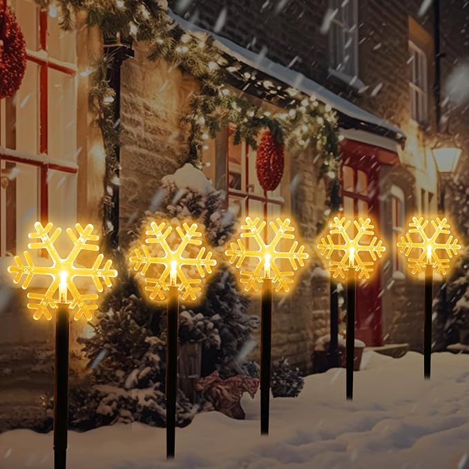 Mycznsyard Solar Snowflake Pathway Light 5 Pack Christmas Decorative Lights Waterproof LED Night Lights for Outdoor Ground Lawn Landscape Holiday Party Decor (Warm White)