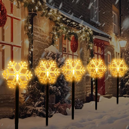 Mycznsyard Solar Snowflake Pathway Light 5 Pack Christmas Decorative Lights Waterproof LED Night Lights for Outdoor Ground Lawn Landscape Holiday Party Decor (Warm White)