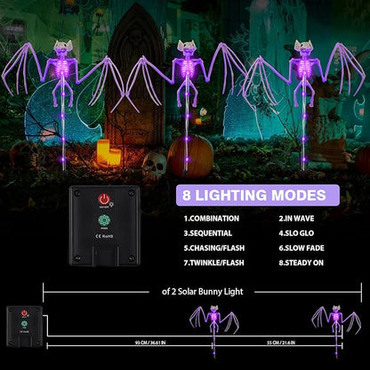 Halloween Decorations Outdoor Solar Garden Lights,2PCS of Set 3D Scary Bat Realistic Skeleton Outside Decor,Solar Creepy Bats Path Lights for Grave/Yard/House/Halloween Party Gifts Decor Purple