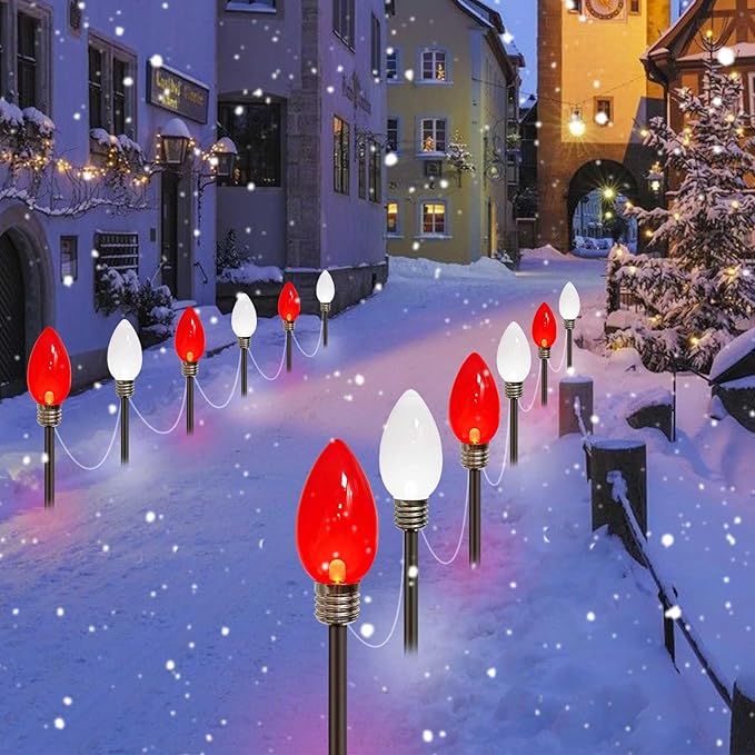 Jumbo C9 Christmas Decorations Outdoor Waterproof, 12 Pack Red And White Solar Christmas Lights Outdoor With Pathway Stakes, Solar Powered Lights For Outside Yard Lawns Garden Christmas Decorations