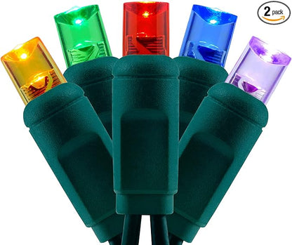 YULETIME Multicolor One-Piece Wide Angle Christmas Lights 140 Count 48 Feet, 2 Sets 70 LED 24 ft High Waterproof 5mm UL Certified String Light (Multicolor)