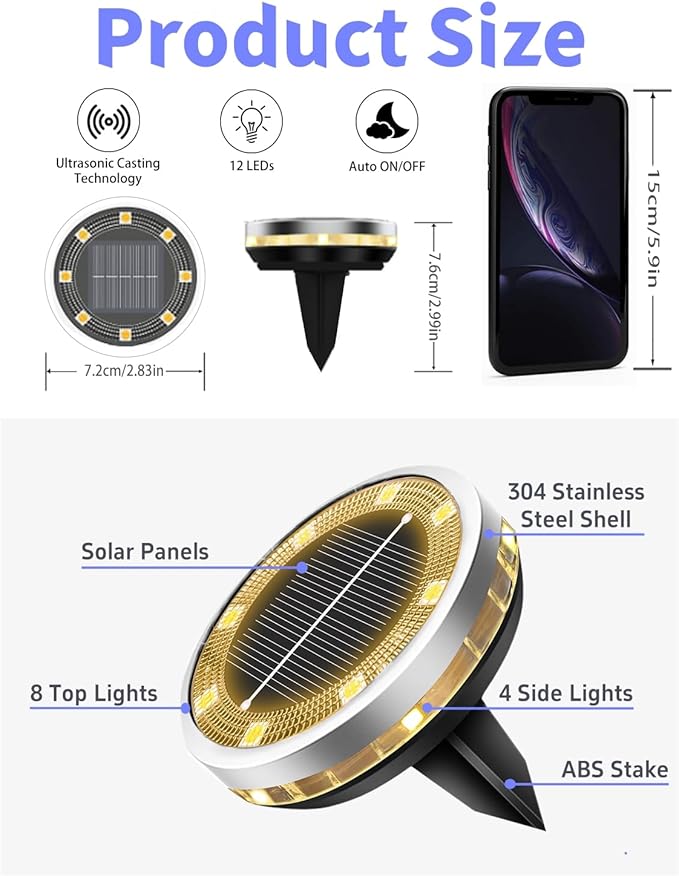 Solar Ground Lights Outdoor 12 Pack Waterproof, Upgraded Solar Garden Lights with 4 Side Light, Stainless Steel | Lumora