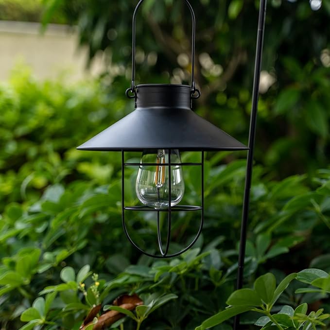 HUYIENO 2Pack Solar Metal Hanging Lantern with Shepherd Hook Outdoor Led Garden Lights Black | Lumora