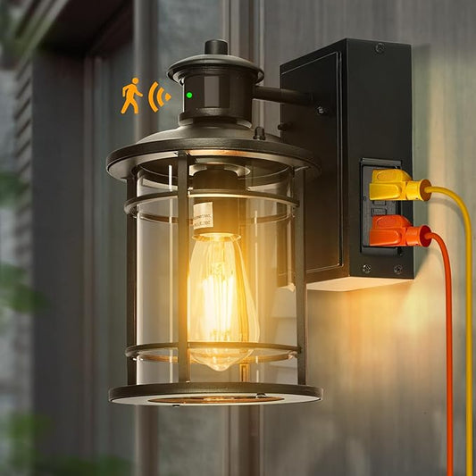OKELI Retro Industrial Black Outdoor Wall Lights with GFCI Outlet - Dusk to Dawn & Motion Sensor Porch Light, 3 Modes, Waterproof Anti-Rust Exterior Sconce for Porch,Garage, Patio, House