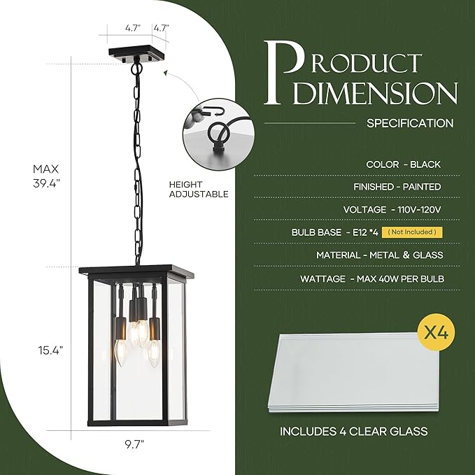 10" Modern 4-Light Exterior Black Square Lantern Pendant Light Fixture with Clear Glass Industrial Hanging Cage | Lumora