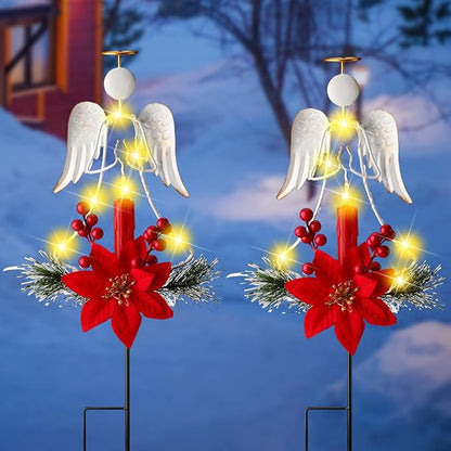 Baquler 2 Pcs Solar Christmas Angel Stake Lights Yard Decorations Christmas Garden Stake Decor Metal Angel Solar Lights Outdoor Garden with LED Candle for Pathway Holiday Winter Decoration