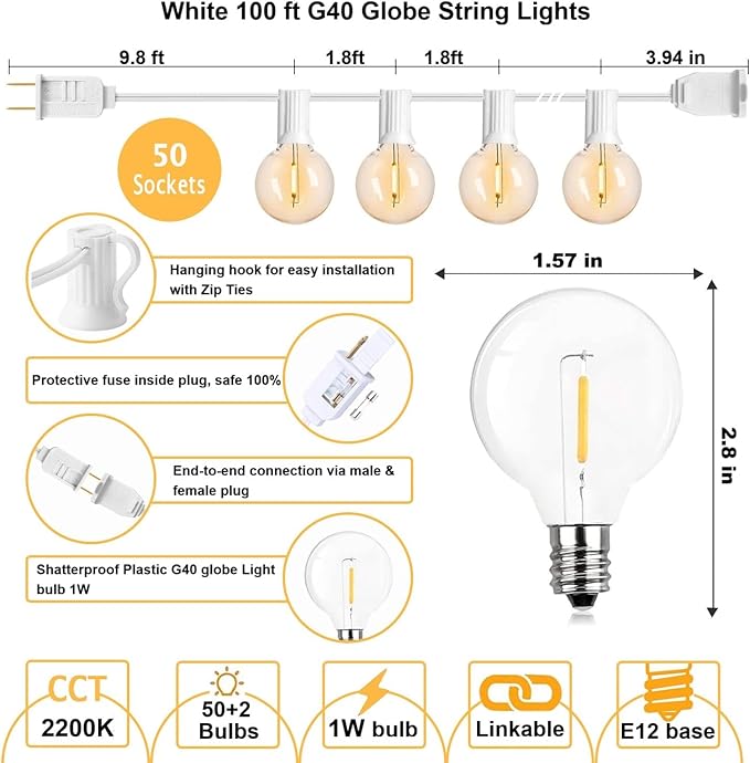 White String Lights Outdoor 100FT G40 Globe String Lights White Cord, 50+2 Spare Replaceable Bulbs, for Patio Backyard Gazebo Porch, Connectable, Zip Ties Included, White Wire