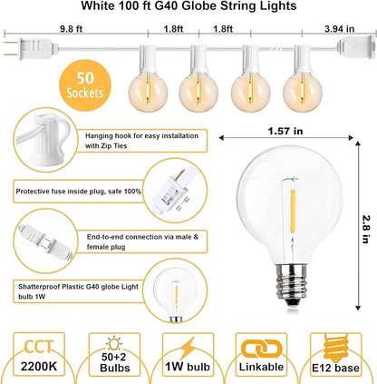 White String Lights Outdoor 100FT G40 Globe String Lights White Cord, 50+2 Spare Replaceable Bulbs, for Patio Backyard Gazebo Porch, Connectable, Zip Ties Included, White Wire