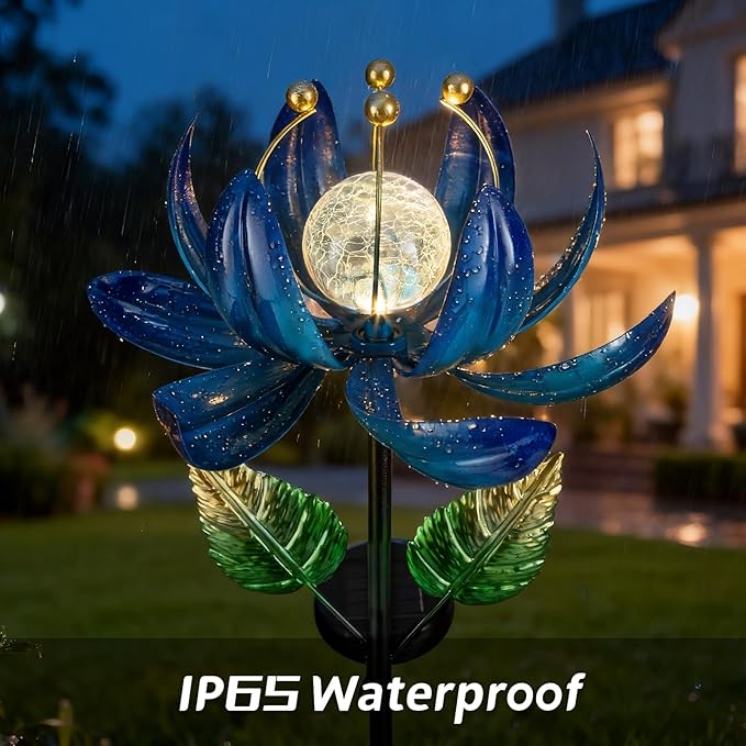 Solar Garden Lights Metal Flower Decor, Colorful Lotus Pathway Spinning Windmill with LED Cracked Crystal Ball Outdoor Decorative Stake Lighting Waterproof Flower Sculpture for Patio Yard