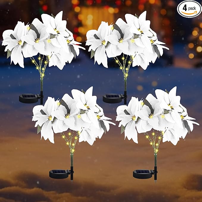 VIHOSE 4 Pcs Christmas Solar Poinsettia Lights Outdoor Artificial Flowers Landscape Waterproof Solar Poinsettia Lights for Yard Lawn Patio Garden Pathway Xmas Party Supplies (7 Flowers,White)