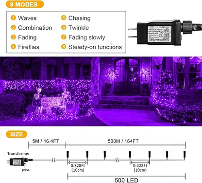 weillsnow 164FT 500 LED Purple Christmas Lights, 8 Modes Waterproof Plug in String Lights for Halloween Christmas Indoor Outdoor Yard Party Wedding Garden Home Decorations (Purple, 164FT)