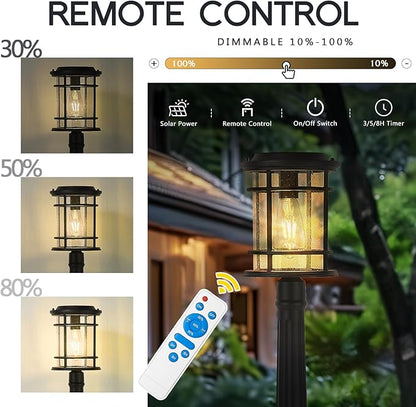 Emliviar Solar Pathway Lights Outdoor, Dusk to Dawn Walkway Light with Remote Control, Pole Light with Seeded Glass in Black Finish, LED Bulb Included, XE229PL-SL BK