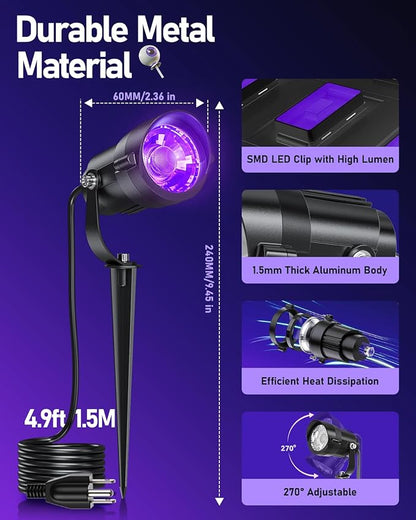 HIBOITEC Halloween Black Light Spotlight Outdoor 12W IP65 Waterproof LED Spot Lights Landscape Lighting with US Plug for Glow Party Body Paint Yard Garden Decorations 2Packs