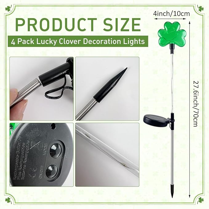 4 Pack Shamrocks Solar Lights St. Patricks Day Green Lucky Solar Light Outdoor Garden Pathway Stake Light Spring Yard Lawn Decor