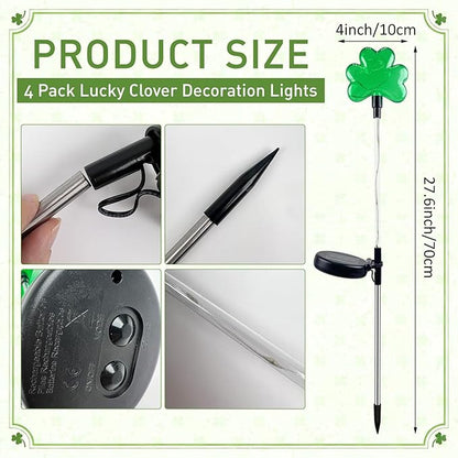 4 Pack Shamrocks Solar Lights St. Patricks Day Green Lucky Solar Light Outdoor Garden Pathway Stake Light Spring Yard Lawn Decor