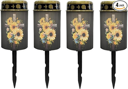 Cross-Sunflower Solar Lights Outdoor Garden Stake Lights Waterproof Cemetery Solar Lights for Grave Landscape Lighting Outdoor Table Lamp Flameless Lights Warm White LED Lantern
