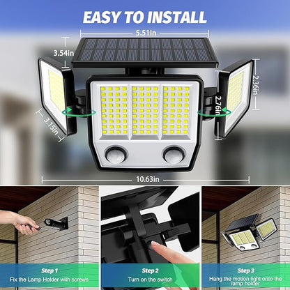6500K Solar Outdoor Lights,3000LM 304 LED Motion Sensor Outdoor Lights, 3 Heads Security Light,IP67 Waterproof, 270°Flood Wall Light with 3 Modes for Backyard Yard,2 Pack