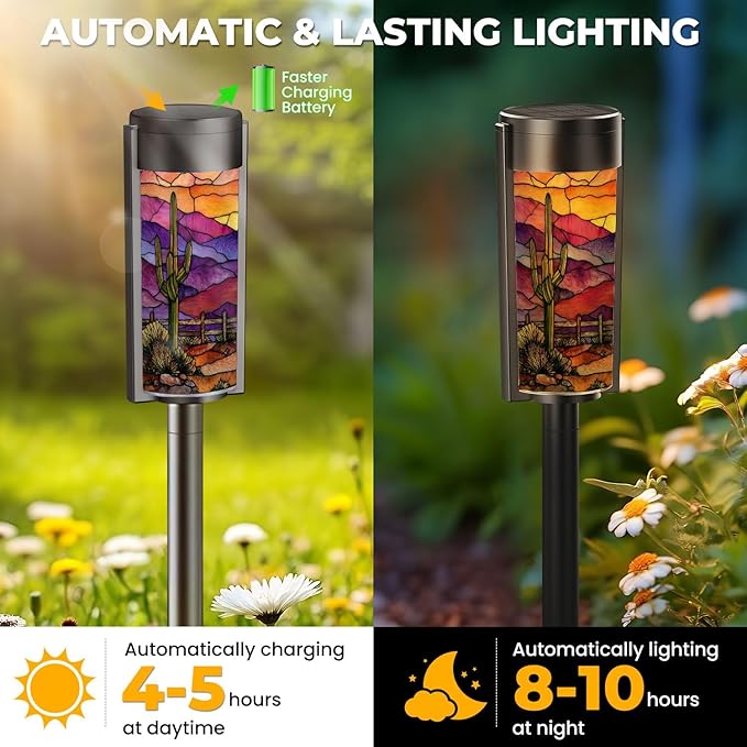 8 Pack Solar Pathway Lights Outdoor Waterproof Southwest Cactus Stained Glass Window Western Motifs Sunset Solar Garden Lights LED Landscape Lighting for Yard Walkway Lawn Garden Decor