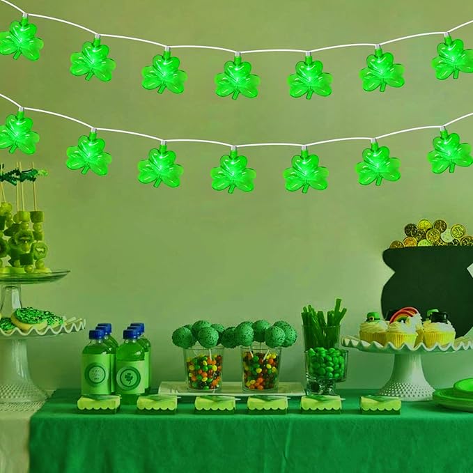 8.5FT Clear Green Shamrock Lights, St Patricks String Lights Outdoor Waterproof with 10 LED Light for rish Shamrock | Lumora
