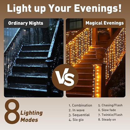 Curtain Lights for Stair Railing, 300 LED 20Ft x 3Ft Solar Powered Outdoor String Lights, Warm White Tangle-Free Decorative Light with 8 Modes for Stairs, Balcony, Fences, Eaves, Porch Décor