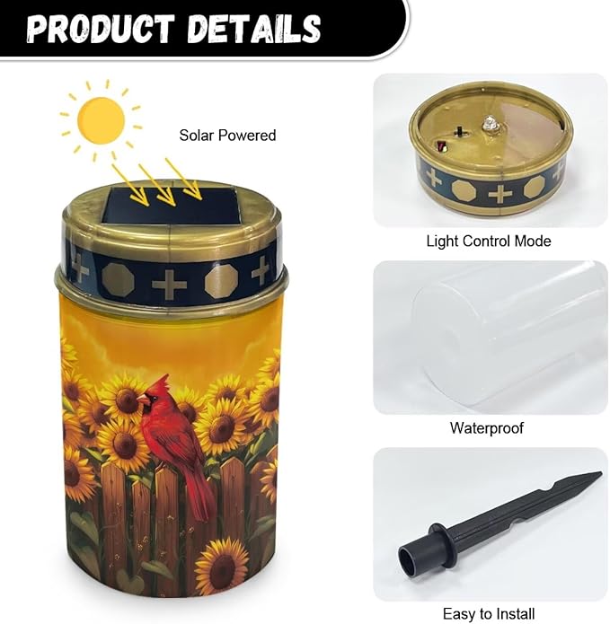 Cardinal Solar Lights Outdoor Waterproof Sunflower Garden Led Solar Lights Gravesite Decorations Cemetery Portable