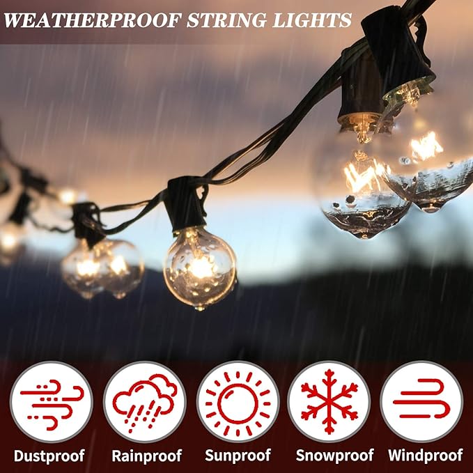 Festival Depot 25FT Patio String Lights with 25 Waterproof G40 Globe Bulbs (3 Spare) for Christmas Halloween, E12 | Lumora