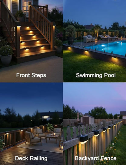Solar Fence Lights 12 Pack, Outdoor Waterproof Solar Powered Step Lights, 3000K Warm White, Dusk to Dawn Auto On/Off Deck Light, Outdoor Lighting for Backyard, Step, Patio, Stair Railing, Wall, Porch