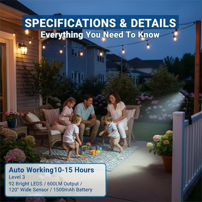 Solar Lights Outdoor, Motion Sensor Clip On Lights for Fence Gutter, 92 LED 600LM IP65 Waterproof Security Lights, Solar Powered Motion Activated Light for Deck Patio Yard (2)