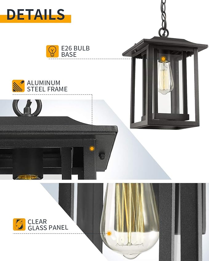Beionxii Outdoor Pendant Light for Porch, Large Exterior Hanging Lantern Outside Chandelier Black Cast Aluminum w/Clear Glass (13.5" x 9") - A197H-1PK