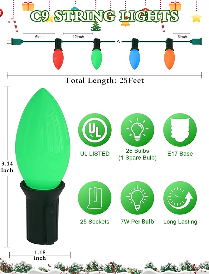 C9 Vintage Christmas String Lights with 26 Multicolor Ceramic Bulbs, 25FT Hanging Outdoor & Indoor String Lights for Christmas Tree Patio Roofline Decoration (Green Wire)